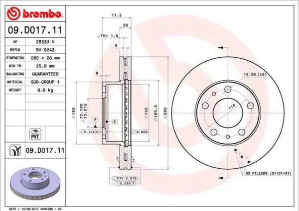 Диск тормозной передний  (вент) Boxer3- 280 мм R16 (толщина 28 мм )  UF