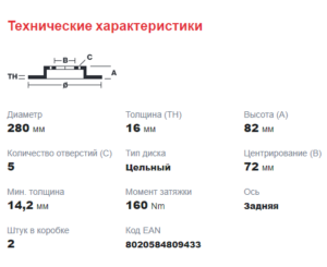 Диск тормозной задний R15 Диаметр 280 мм Высота 82 мм