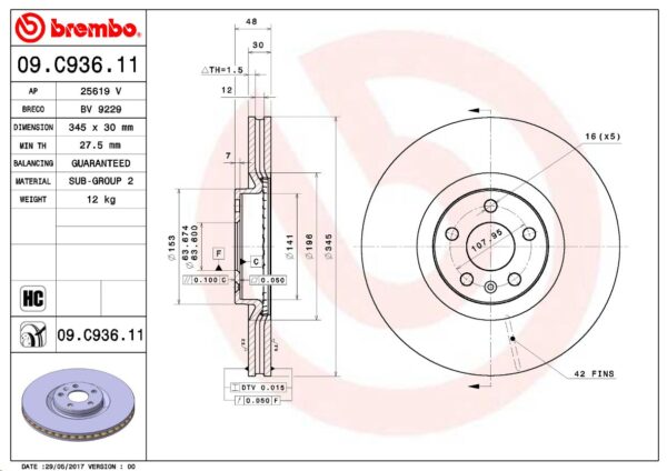 Тормозной диск передний VOLVO S90 II (234) 03/16-> / VOLVO V60 II (225) 02/18->  BREMBO EUROPE