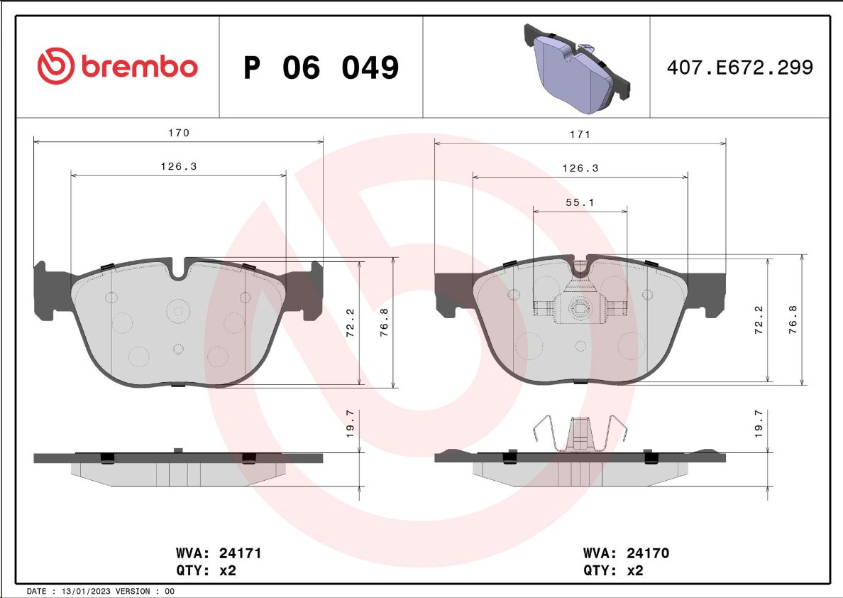 Тормозные колодки передние BMW X5 E70 07-/X6 E71 08-  BREMBO EUROPE - Миниатюра товара 1
