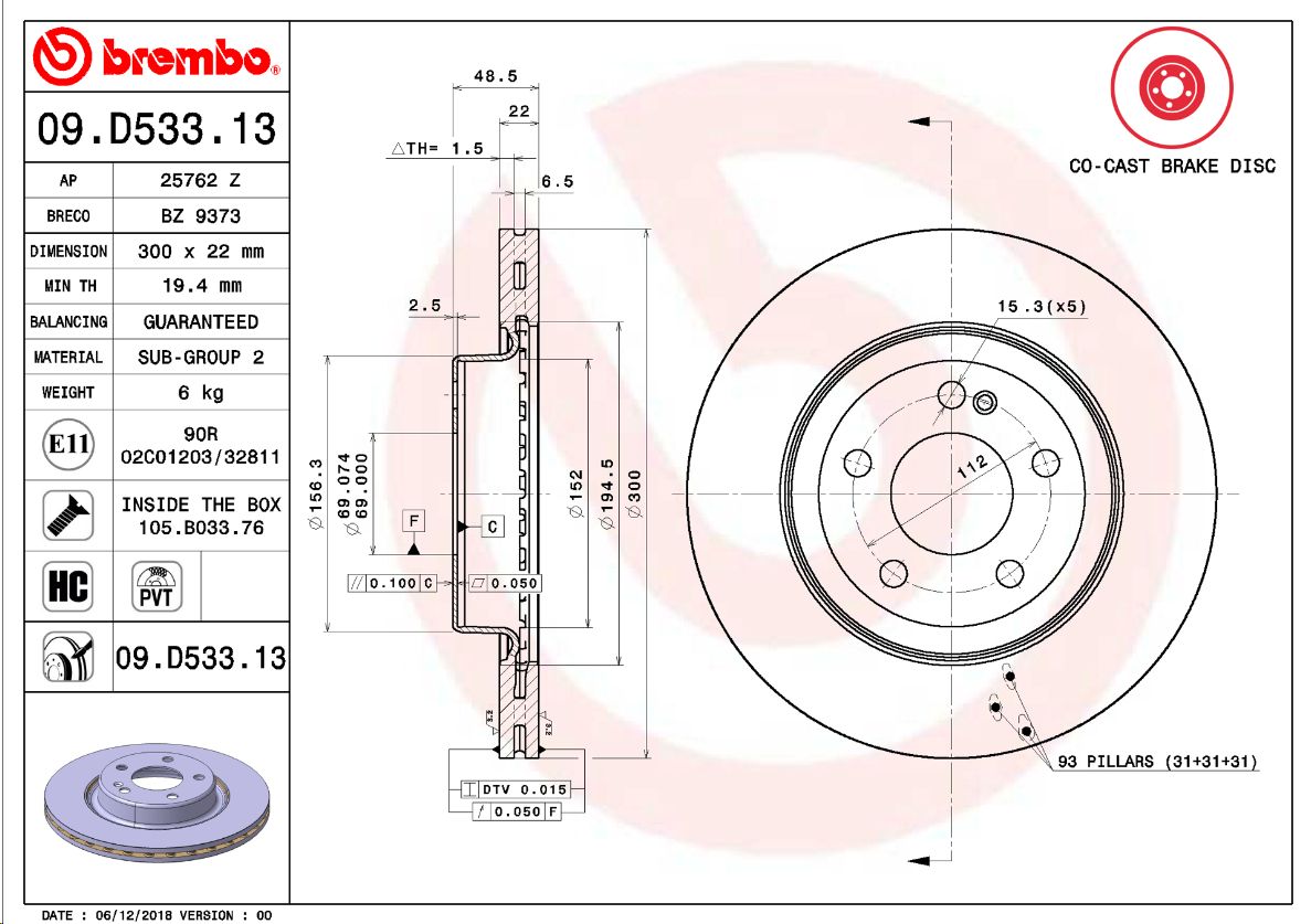 Тормозной диск задний MB A-W-C-S205/213 BREMBO EUROPE - Миниатюра товара 1