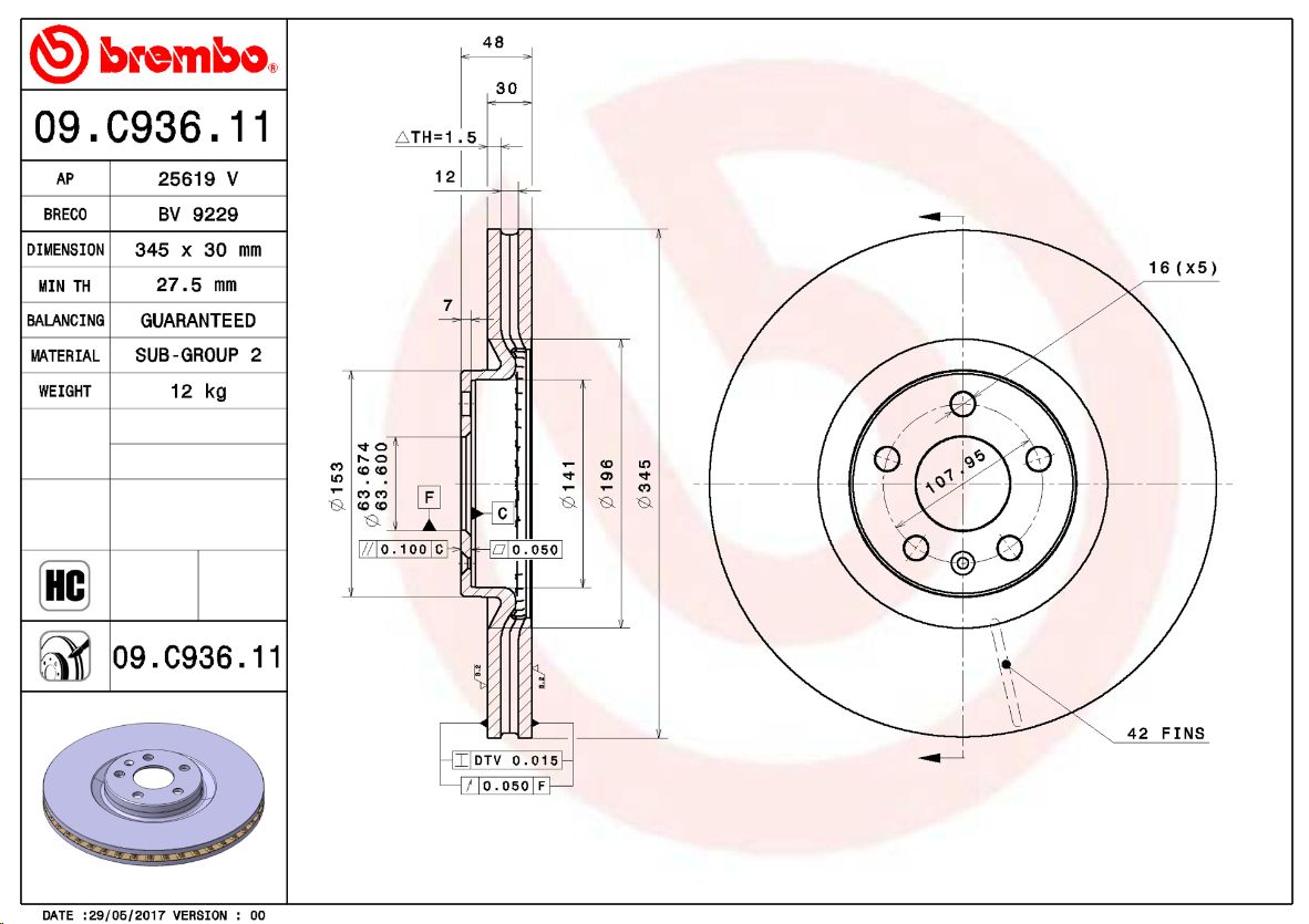 Тормозной диск передний VOLVO S90 II (234) 03/16-> / VOLVO V60 II (225) 02/18->  BREMBO EUROPE - Миниатюра товара 1