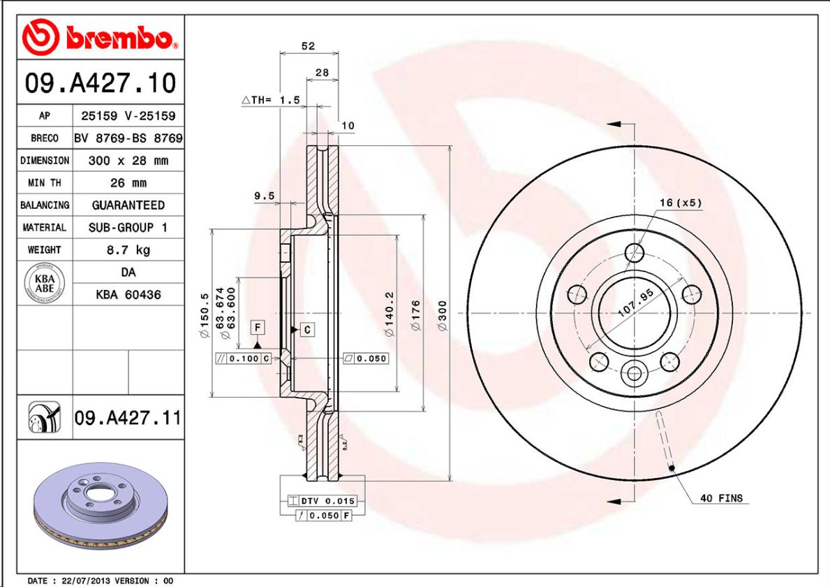 Тормозной диск передний Ford Galaxy/Mondeo/S-Max (BA7) (WA6) BREMBO EUROPE - Миниатюра товара 1