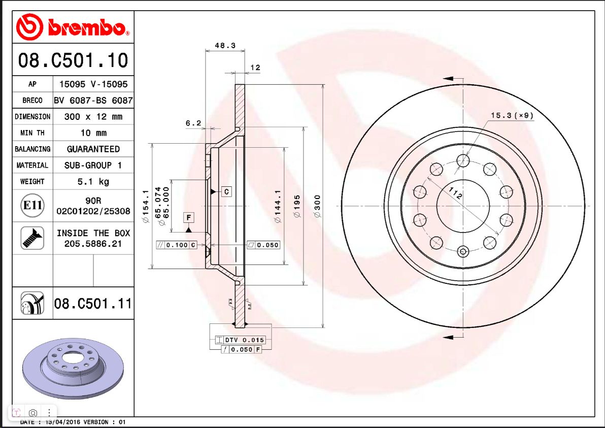 Тормозной диск задний D 300мм AUDI Q3 11-/SKODA KODIAQ/VW TIGUAN 16-  BREMBO EUROPE - Миниатюра товара 1