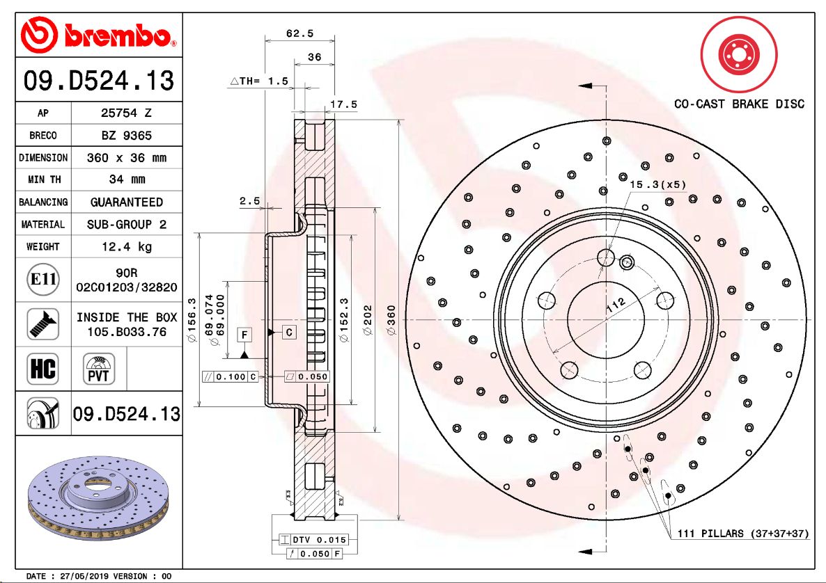 Тормозной диск передний перфорированный Mercedes W205/213/X253 15-  BREMBO EUROPE - Миниатюра товара 1