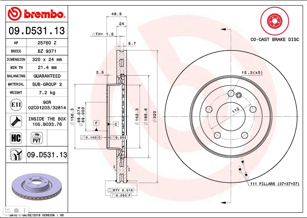 Тормозной диск задний MB C(W205) 15-, E(W213), GLC BREMBO EUROPE - Миниатюра товара 1