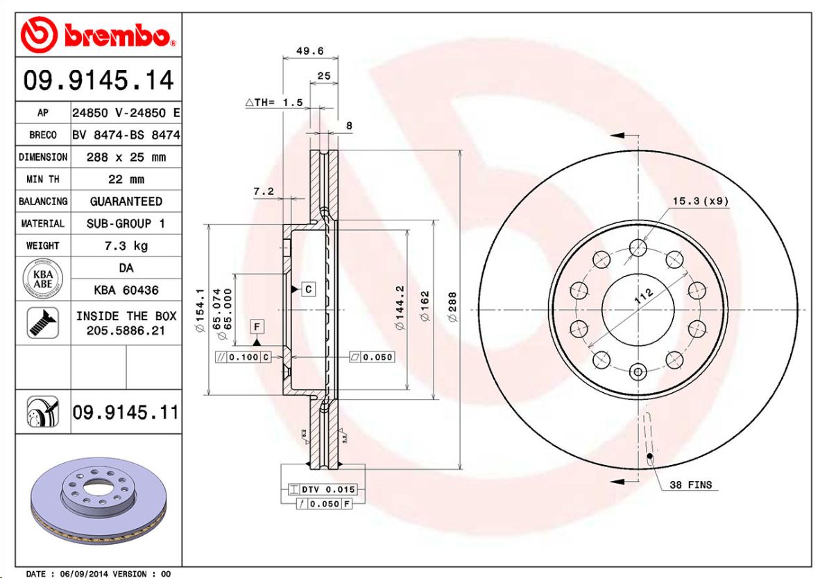 Тормозной диск передний Audi A3, Skoda Octavia, VW Golf 1.4-2.0i/1.9/2.0TDi 03> BREMBO EUROPE - Миниатюра товара 1