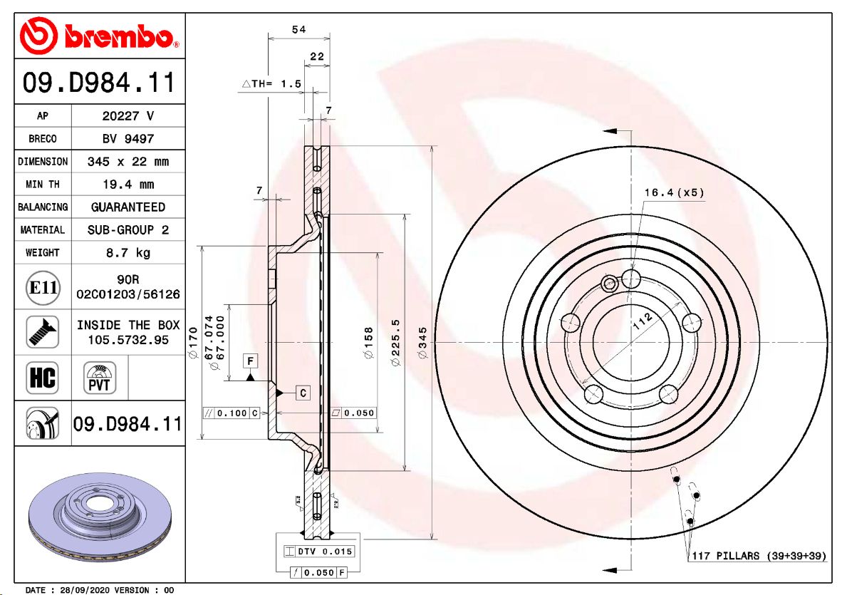 Тормозной диск задний MB GLE C167/W167, GLS X167 BREMBO EUROPE - Миниатюра товара 1