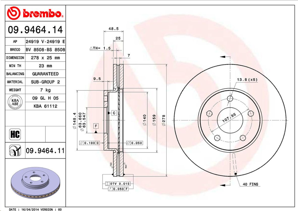 Тормозной диск передний Ford C-Max (DM2) 03-, Ford Focus II 04-, Volvo C30 (533) 06-  BREMBO EUROPE - Миниатюра товара 1
