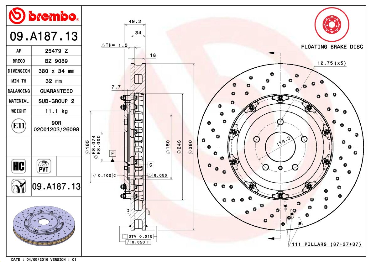 Тормозной диск передний NISSAN GT-R (R35) (02/09>)  BREMBO EUROPE - Миниатюра товара 1