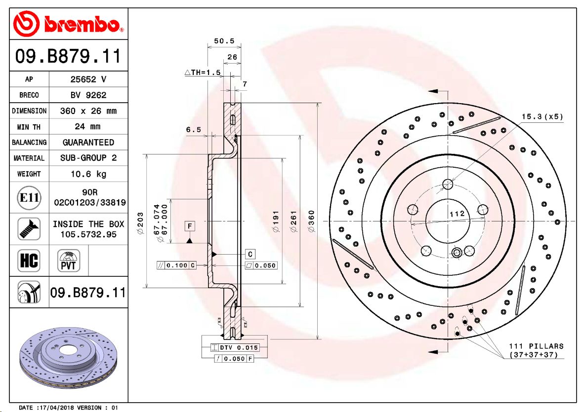Тормозной диск задний MB C-CLASS (W205) 07/13->/MB C-CLASS Convertible (A205) BREMBO EUROPE - Миниатюра товара 1
