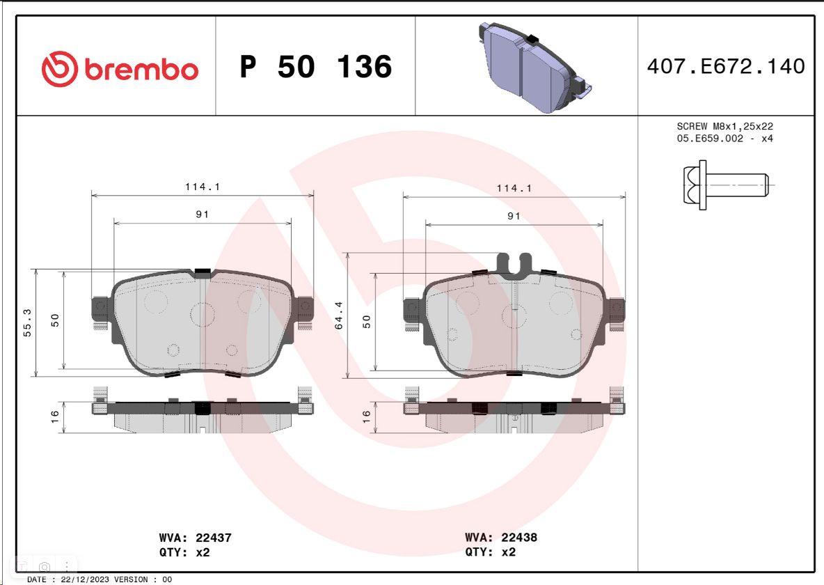 Тормозные колодки задние MERCEDES-BENZ (BBDC) E-CLASS (W213) 01/16-> / MERCEDES-BENZ CLS (C2 BREMBO - Миниатюра товара 1