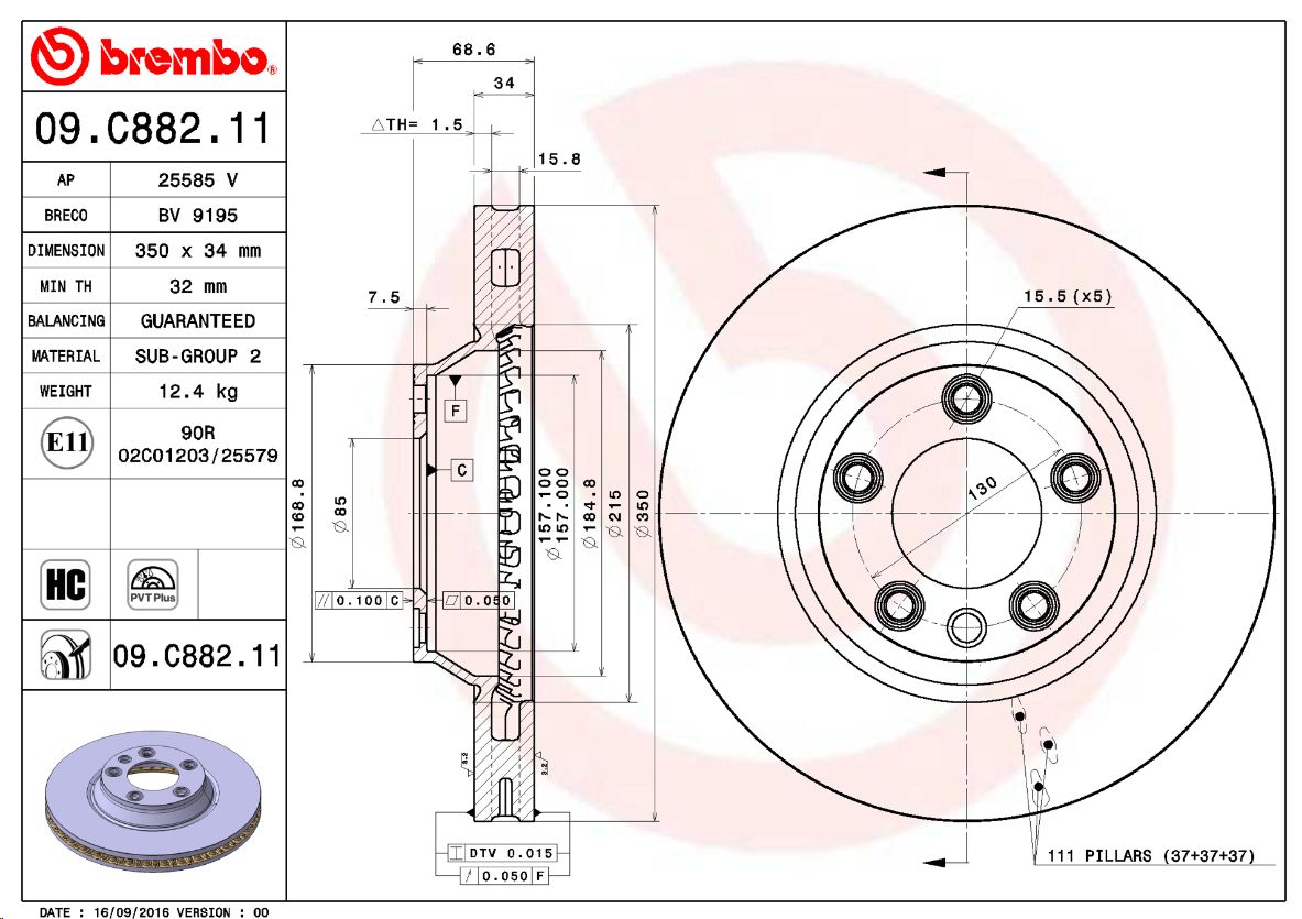 Тормозной диск перед AUDI Q7 07 VW TOUAREG 03> PORSCHE CAYENNE BREMBO EUROPE - Миниатюра товара 1