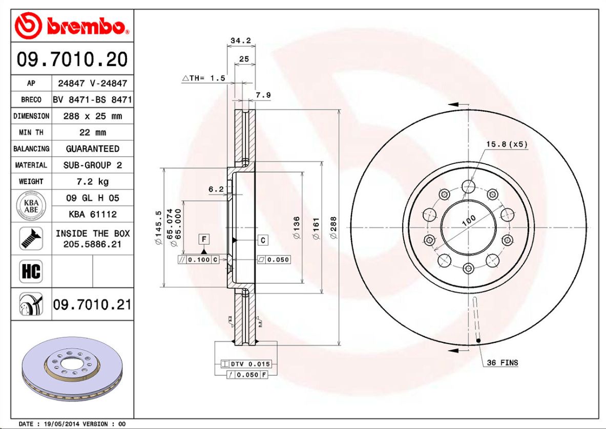 Тормозной диск передний/задний Audi A1 Skoda Fabia I VW Bora I BREMBO - Миниатюра товара 1