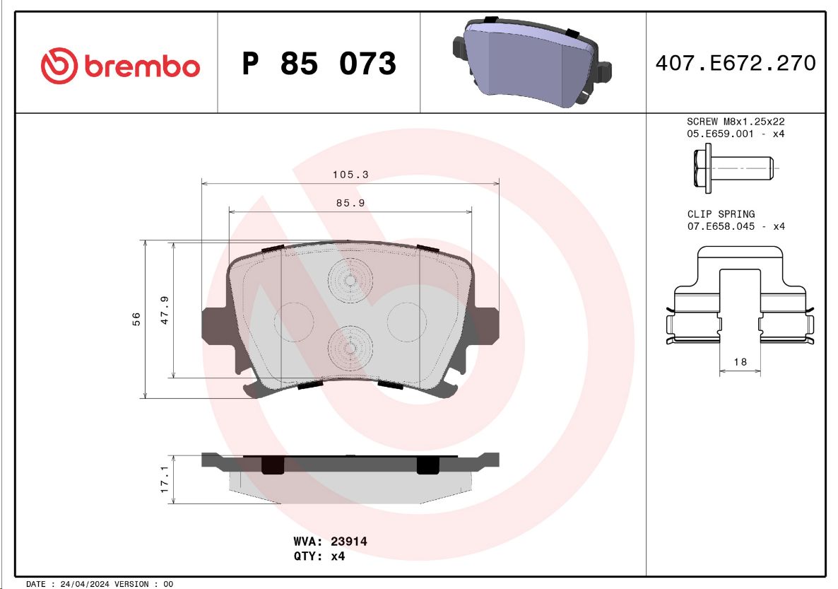 Тормозные колодки передние VAG AUDI A3 -2013 Skoda Octavoia II VW Caddy III BREMBO EUROPE - Миниатюра товара 1
