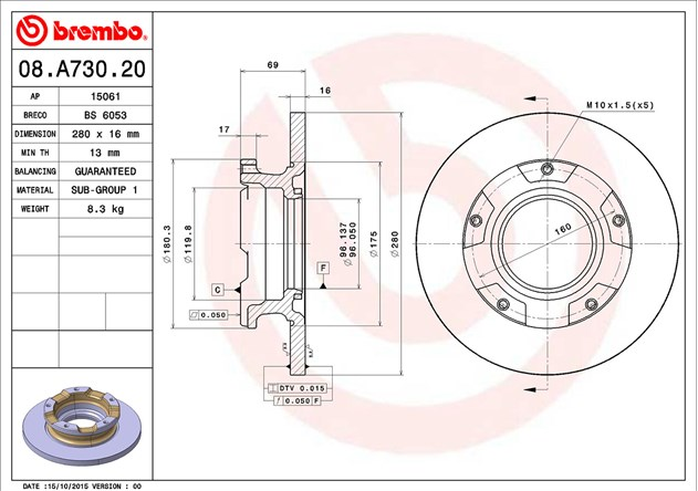 Диск тормозной задний 2.2 FWD TR > 06 ME6C1J-2A097-AB BREMBO - Миниатюра товара 2