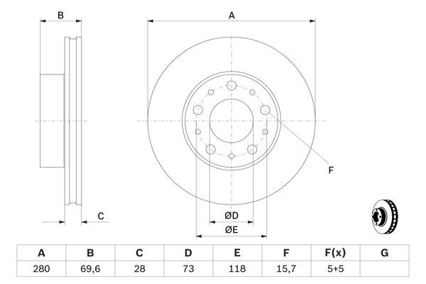 Диск тормозной передний  (вент) Boxer3- 280 мм R15 (толщина 28мм) BOSCH EUROPE - Миниатюра товара 1